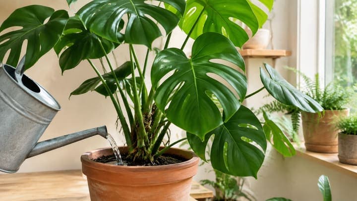 Watering a healthy Monstera plant in a terracotta pot