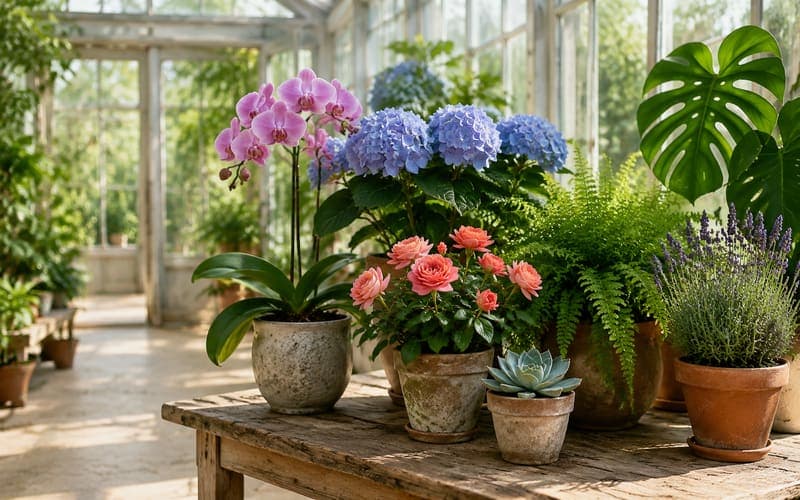 Flowering plants and foliage arranged on a sunlit greenhouse table