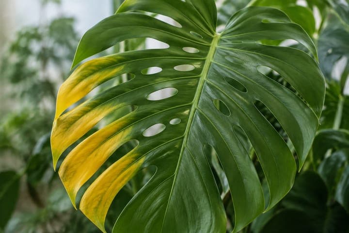 AI-generated illustration of a Monstera leaf with yellowing along one side