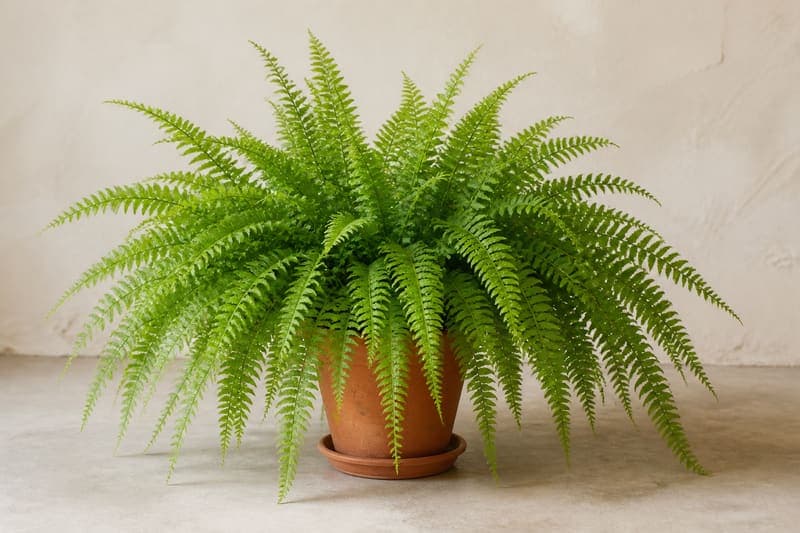 Healthy Boston Fern with dense arching pinnate fronds in a terracotta pot