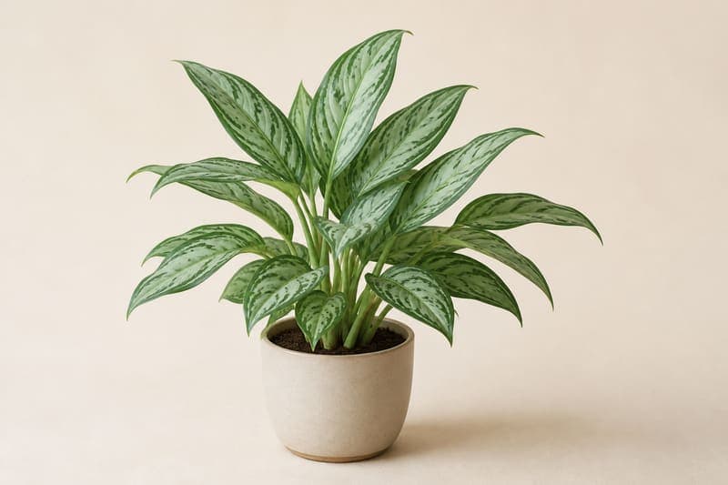 Mature Chinese Evergreen with clumping silver-green patterned leaves