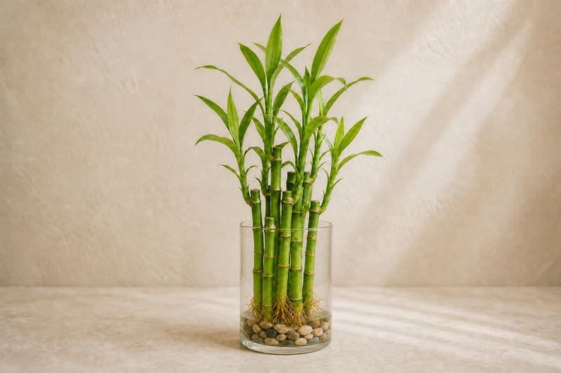Healthy Lucky Bamboo with upright green canes, lance-shaped leaves, and visible roots in a clear water vessel