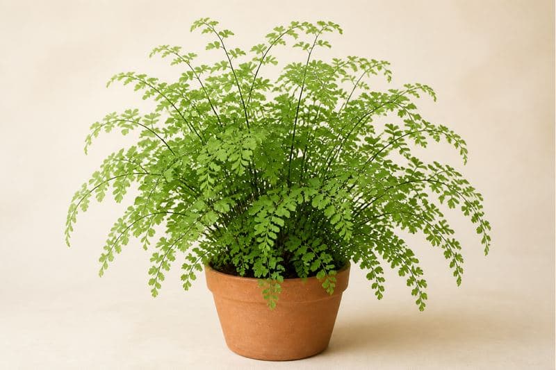 Healthy Maidenhair Fern Adiantum raddianum with arching finely divided green fronds on black wiry stipes in a terracotta pot