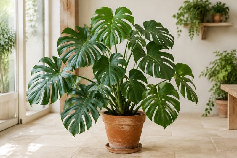 Mature Monstera deliciosa with split green leaves