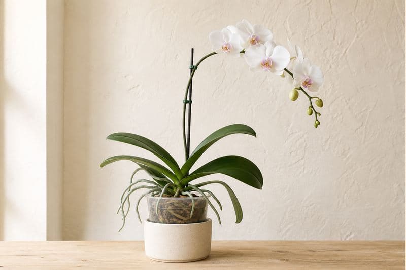 Healthy white-flowered Moth Orchid with broad leaves and visible aerial roots in an airy bark pot