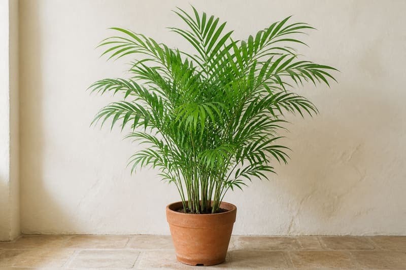 Healthy Parlor Palm with slender green stems and arching pinnate fronds in a terracotta pot