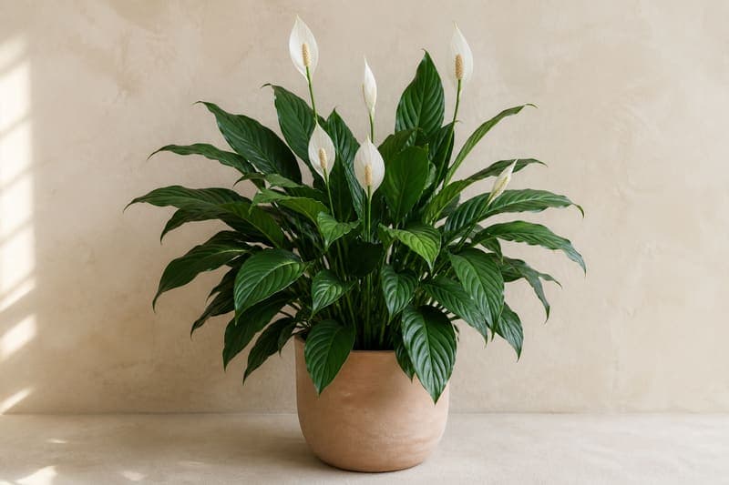 Mature Peace Lily with glossy green leaves and white spathes in a neutral pot
