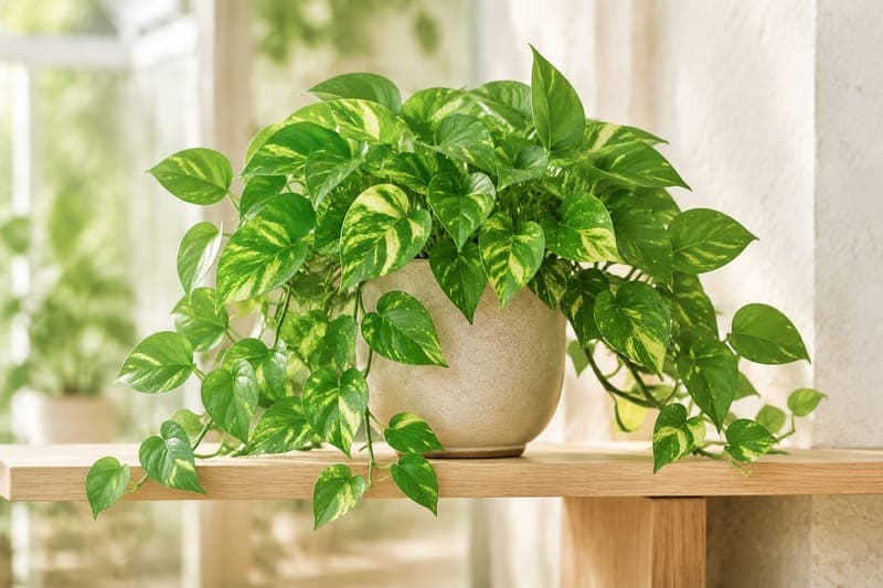 Trailing pothos plant with heart-shaped green leaves