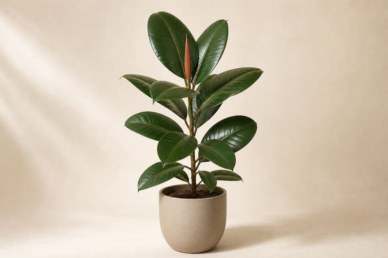 Mature Rubber Plant with glossy oval leaves and a reddish emerging stipule