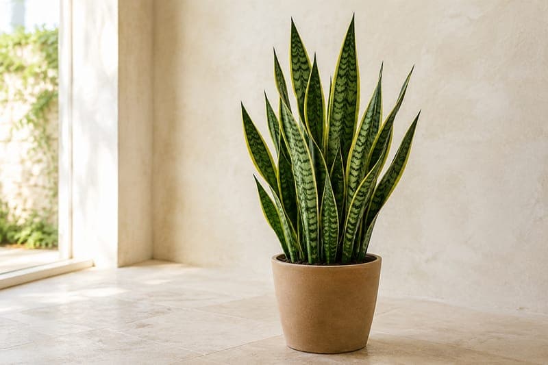 Snake plant with upright variegated leaves