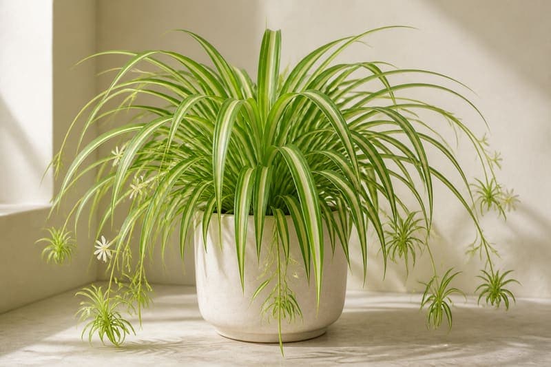 Mature variegated Spider Plant with arching striped leaves and hanging plantlets