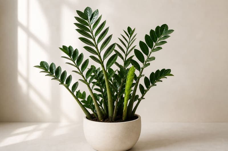 Mature ZZ Plant with upright pinnate leaves and glossy paired leaflets