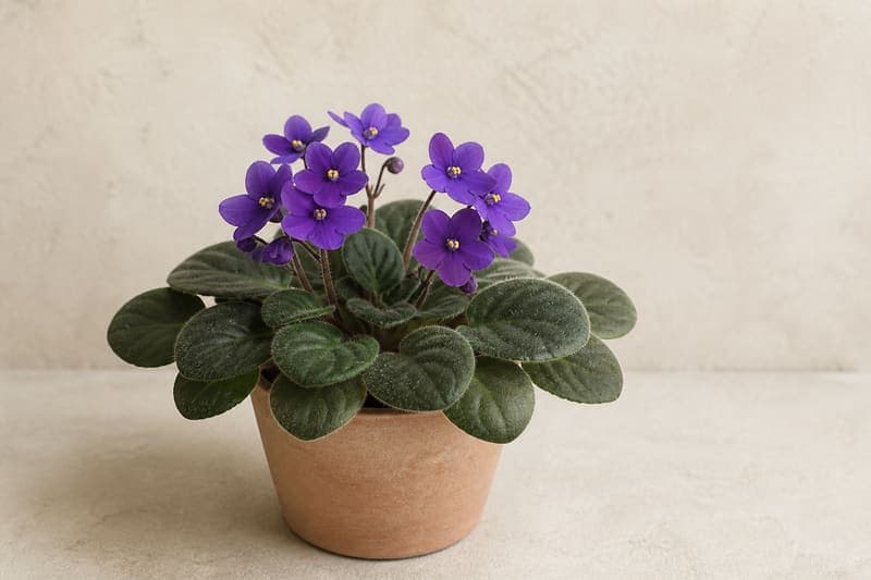 Healthy African Violet Streptocarpus ionanthus with fuzzy green rosette leaves and violet flowers in a terracotta pot