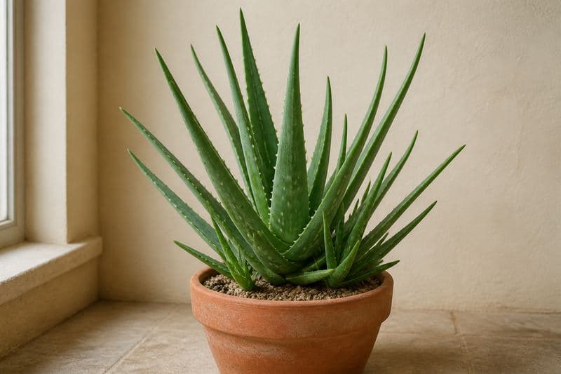 Healthy Aloe vera with thick grey-green toothed leaves and offsets in a terracotta pot