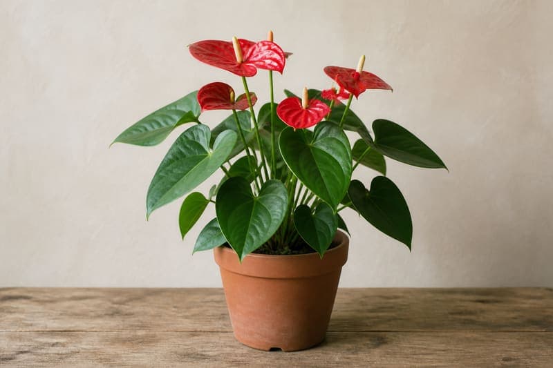 Healthy Anthurium andraeanum with glossy heart-shaped leaves and red spathes in a terracotta pot