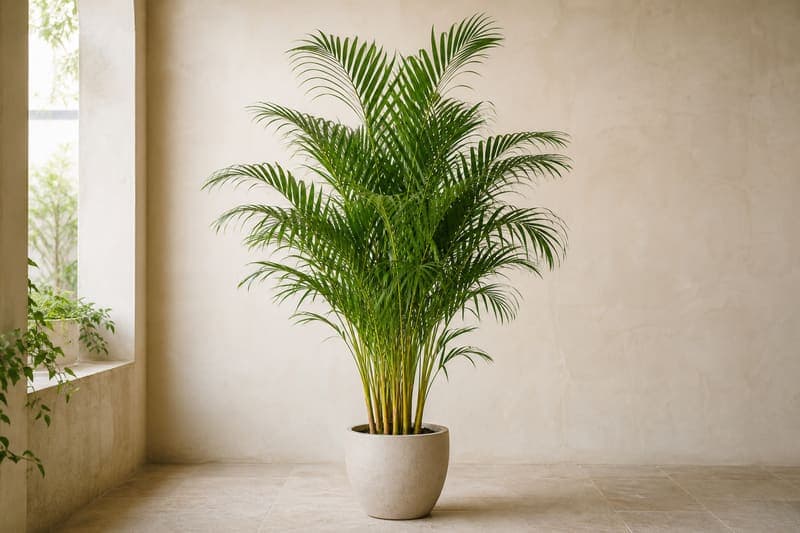 Representative Areca Palm with clustered yellow-green canes and arching pinnate fronds in a simple indoor pot