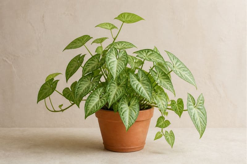 Healthy Arrowhead Plant Syngonium podophyllum with green and silver arrow-shaped leaves and trailing node-bearing stems in a terracotta pot