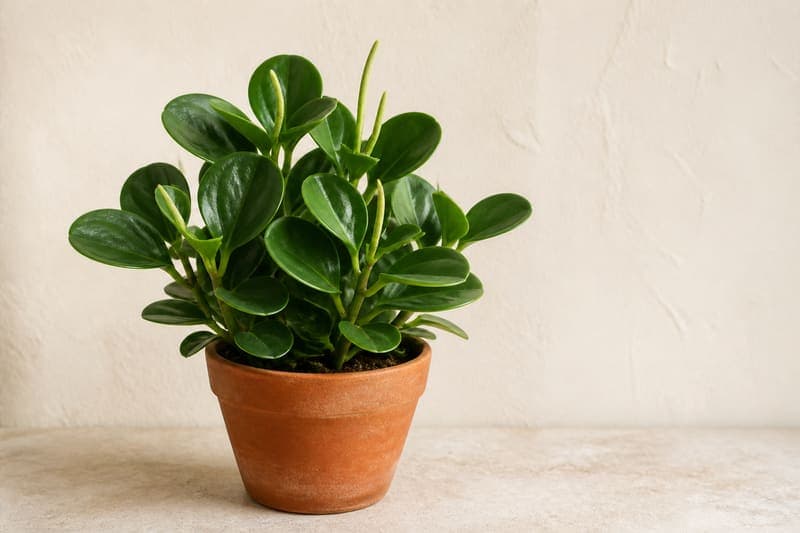 Representative Baby Rubber Plant with compact fleshy stems, glossy blunt-tipped green leaves, and slender flower spikes in a terracotta pot