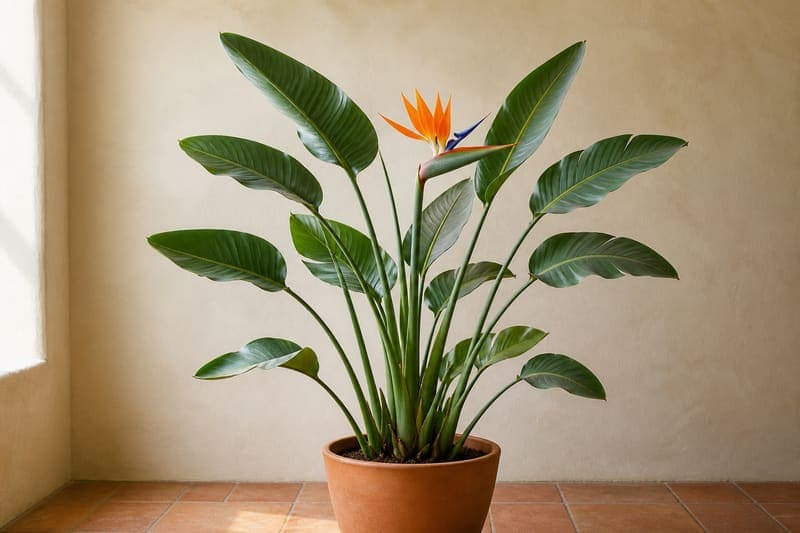 Healthy Strelitzia reginae with large upright paddle leaves and an orange and blue bird of paradise flower in a terracotta pot