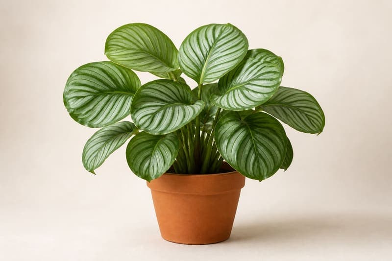 Healthy Calathea Orbifolia with broad round silver-striped leaves in a terracotta pot