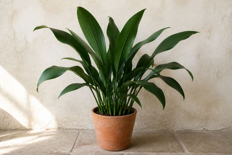 Healthy Cast Iron Plant with dark green leathery leaves rising from the soil in a terracotta pot