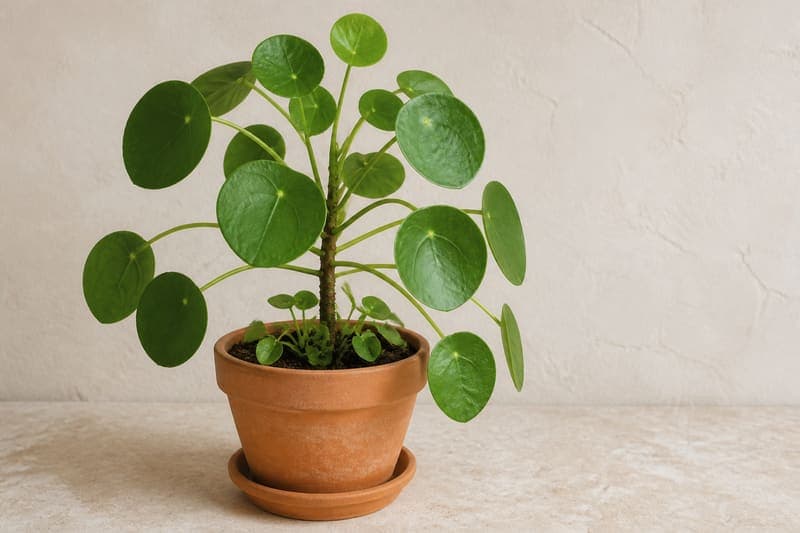 Healthy Chinese Money Plant Pilea peperomioides with round peltate leaves and basal offsets in a terracotta pot