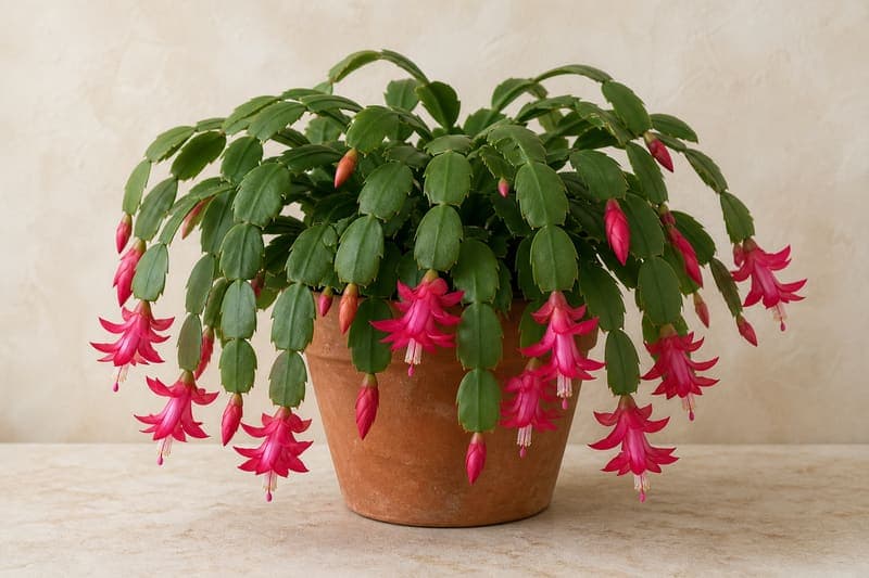 Healthy true Christmas Cactus with rounded green stem segments and drooping magenta flowers in a terracotta pot
