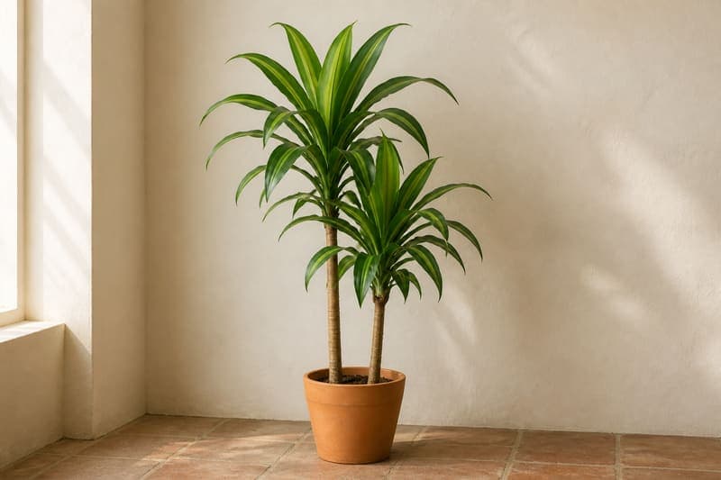 Healthy cultivated Corn Plant with upright woody canes and broad arching green leaves in a terracotta pot