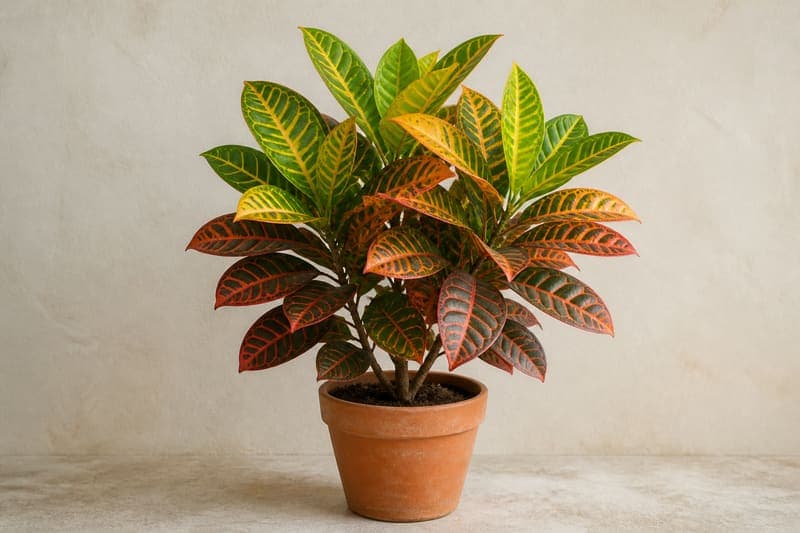 Healthy cultivated Croton with glossy green yellow orange and red variegated leaves in a terracotta pot