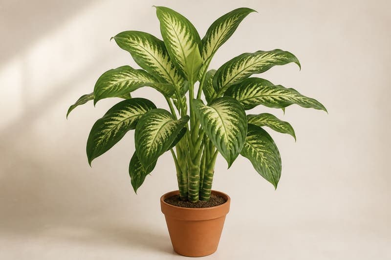 Healthy Dieffenbachia with upright canes and broad cream-variegated green leaves in a terracotta pot