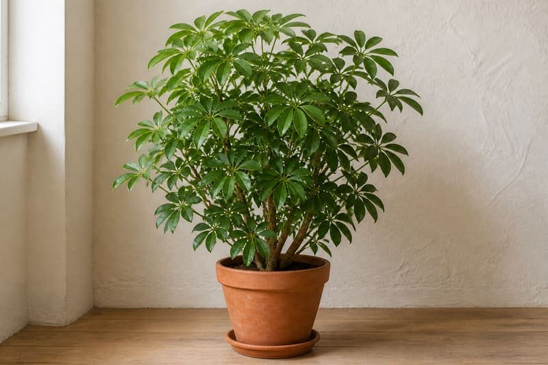 Representative Dwarf Umbrella Tree with branching woody stems and glossy palmate leaf fans in a terracotta pot