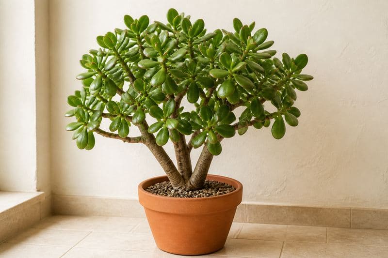 Mature Jade Plant with woody branching stems and glossy oval succulent leaves in a terracotta pot