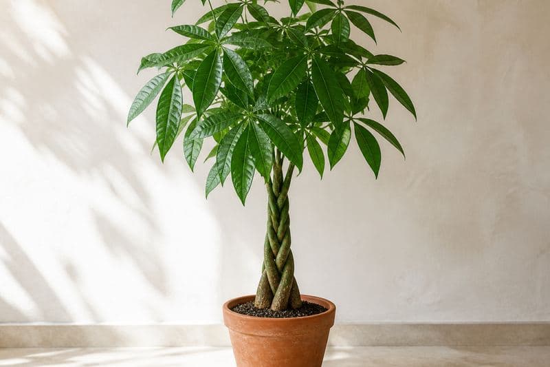 Healthy Money Tree with braided trunks and glossy palmately compound leaves in a terracotta pot