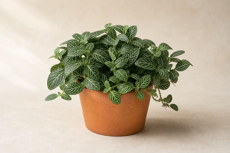 Healthy Nerve Plant Fittonia albivenis with compact creeping stems and silver-white veined green leaves in a terracotta pot