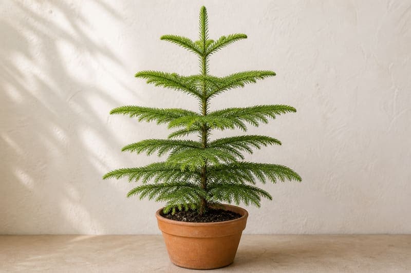 Healthy young Norfolk Island Pine Araucaria heterophylla with one upright leader and symmetrical horizontal branch whorls in a terracotta pot
