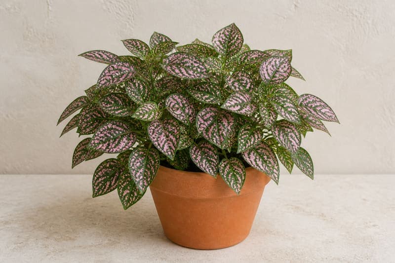Healthy Polka Dot Plant Hypoestes phyllostachya with compact branching stems and pink-speckled green leaves in a terracotta pot