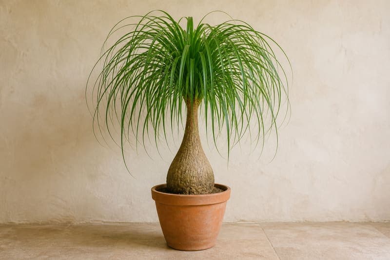 Healthy Ponytail Palm with a swollen caudex and long recurving green leaves in a terracotta pot