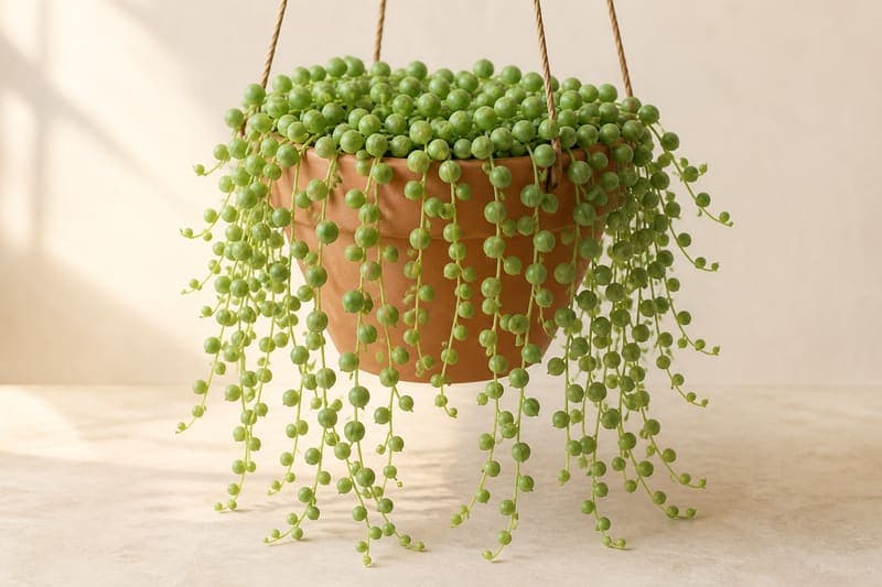 Healthy String of Pearls with round green succulent leaves cascading from a terracotta hanging pot