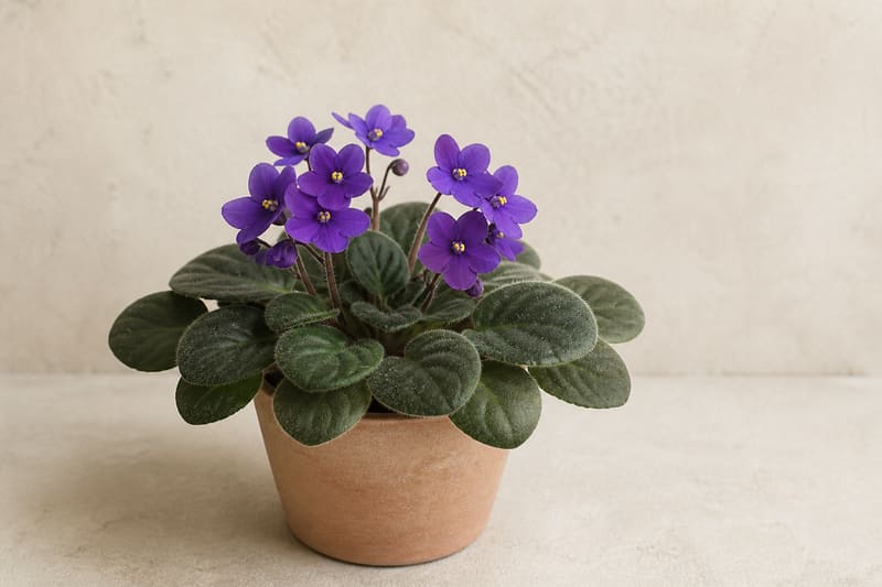 Healthy African Violet Streptocarpus ionanthus with fuzzy green rosette leaves and violet flowers in a terracotta pot