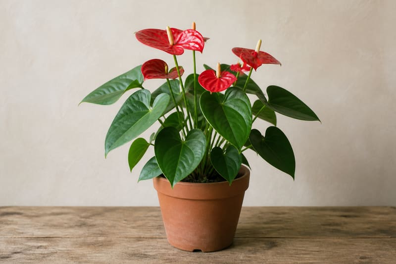 Healthy Anthurium andraeanum with glossy heart-shaped leaves and red spathes in a terracotta pot