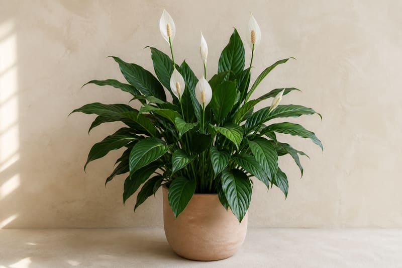 Mature Peace Lily with glossy green leaves and white spathes in a neutral pot